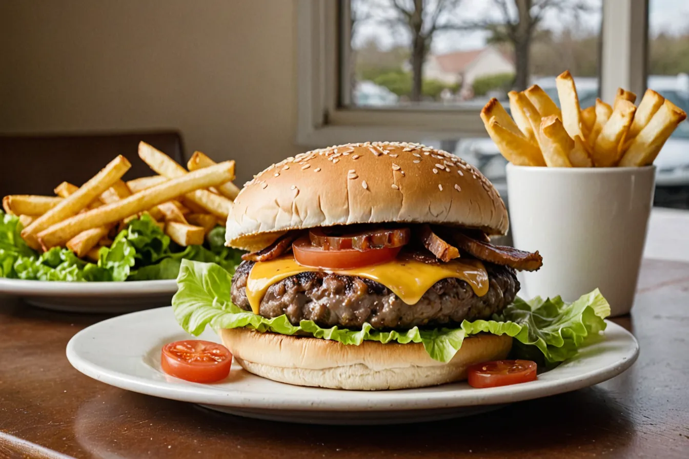 A tall bacon cheeseburger on a sesame bun with fries