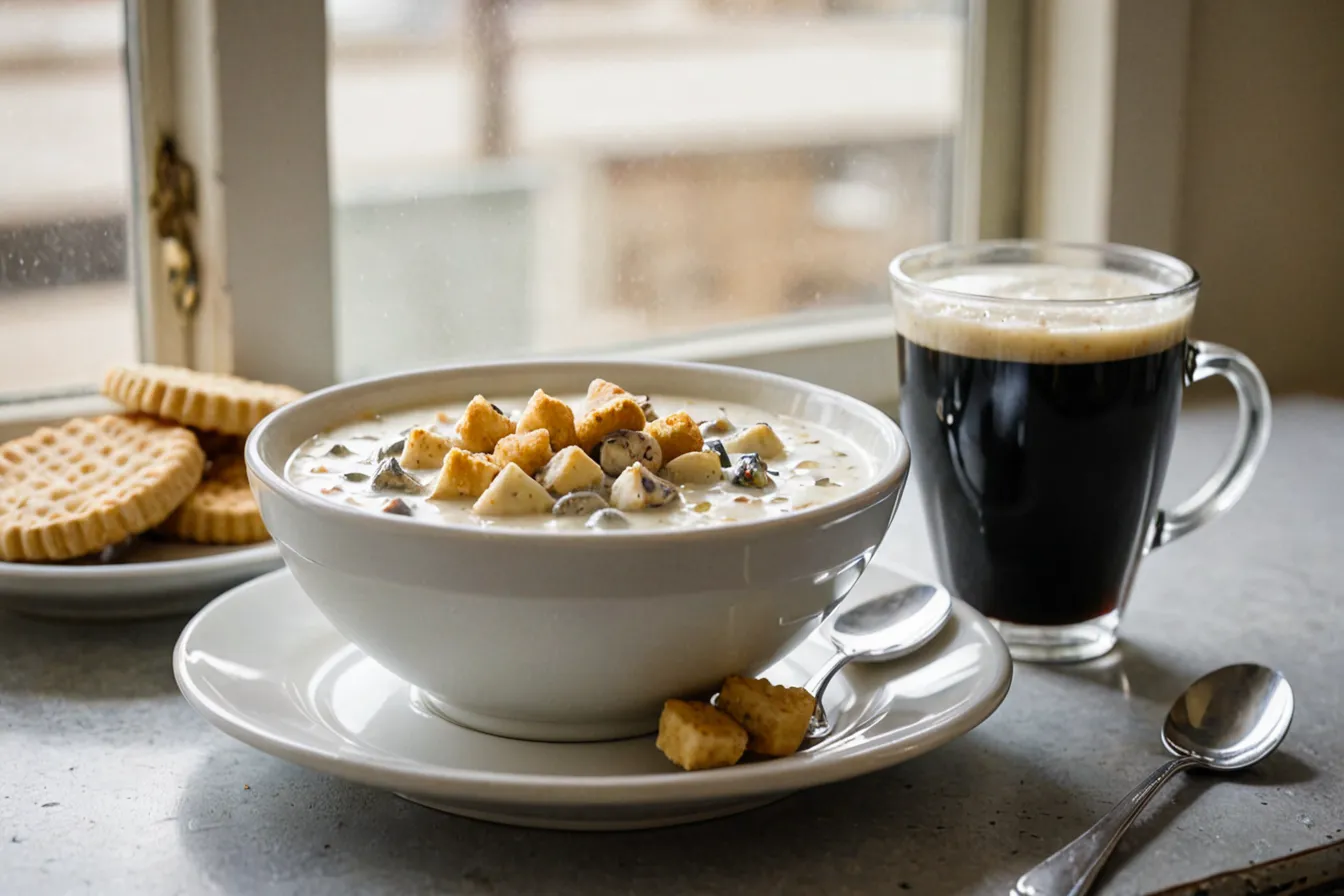 A bowl of clam chowder with oyster crackers and a cup of coffee