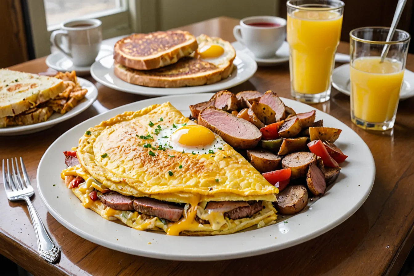 An overstuffed omelette with sausage and peppers beside toast and orange juice