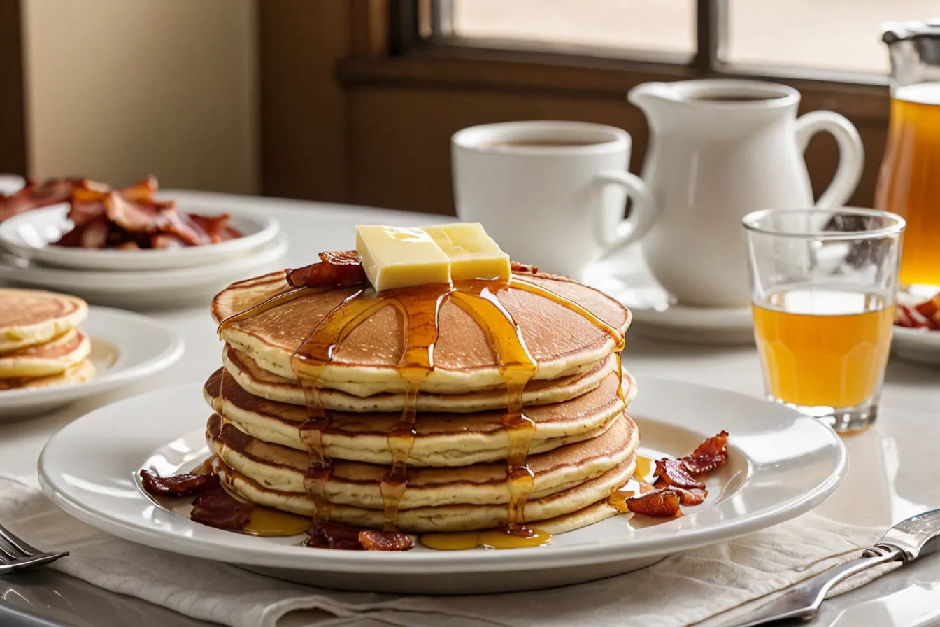 A stack of buttermilk pancakes with melting butter and syrup beside strips of bacon